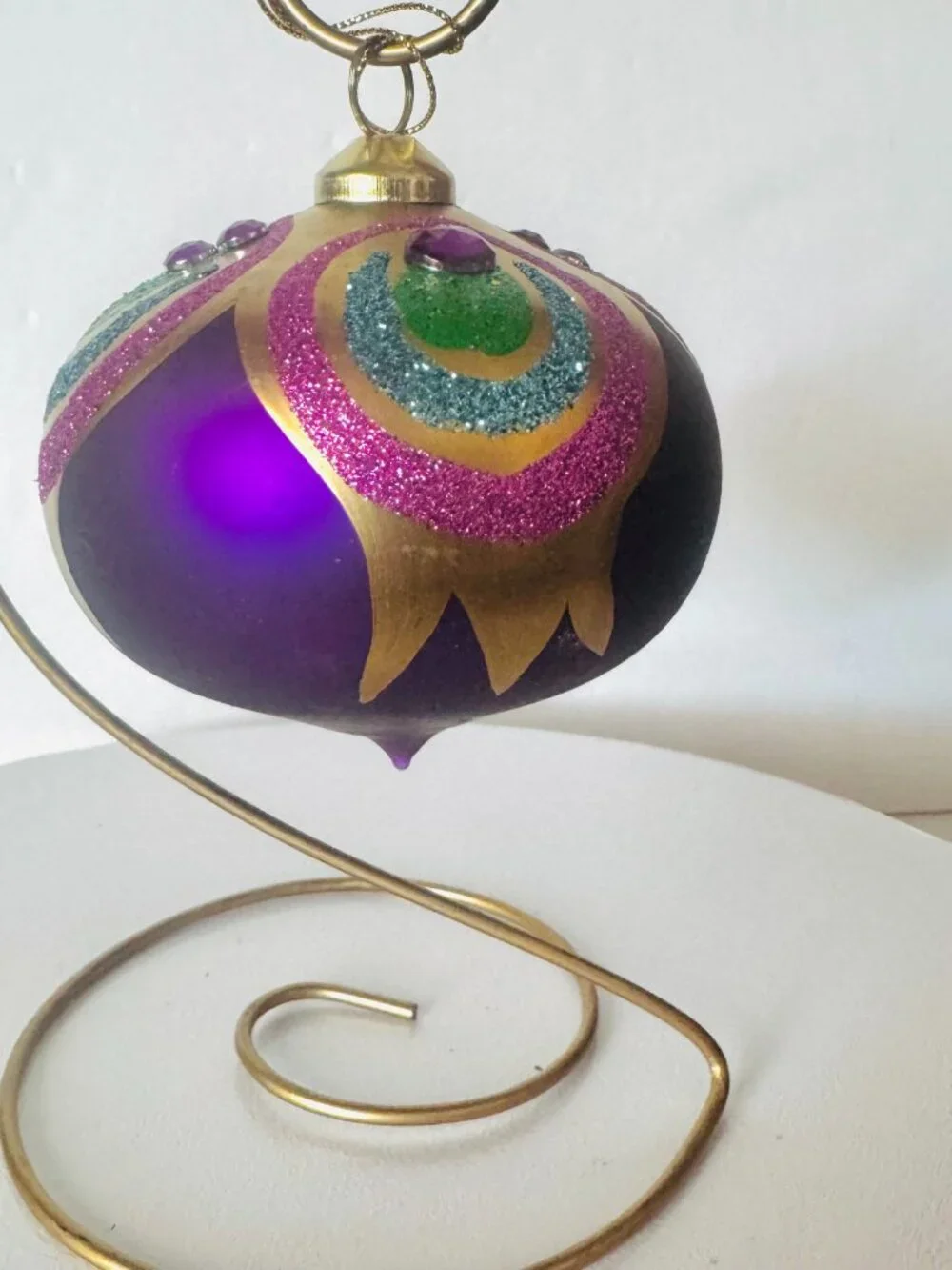 5 Peacock Feather Christmas Tree Ornaments Purple Teal Gold Glittered Gemstone